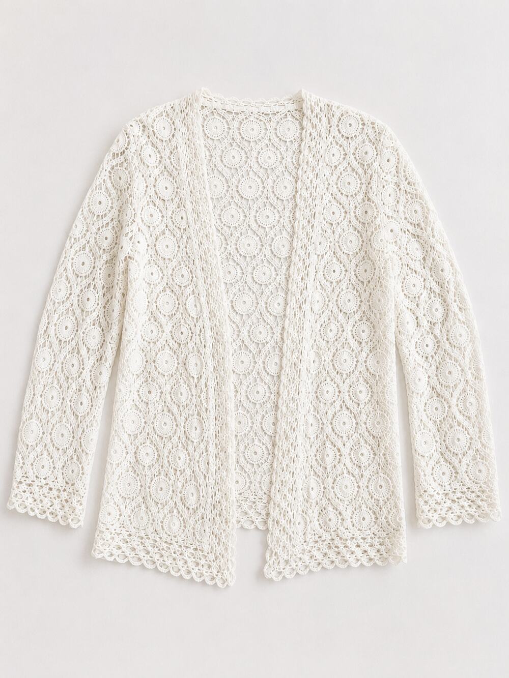 Vintage Crochet Lace Open Front Cardigan Ivory Boho Jacket Cottage Coquette-S